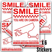 6 x Smile You Are On Camera-Red on White 120mm-Monitoring CCTV Video Recording Camera Security Warning Stickers-Self Adhesive Vinyl Sign 